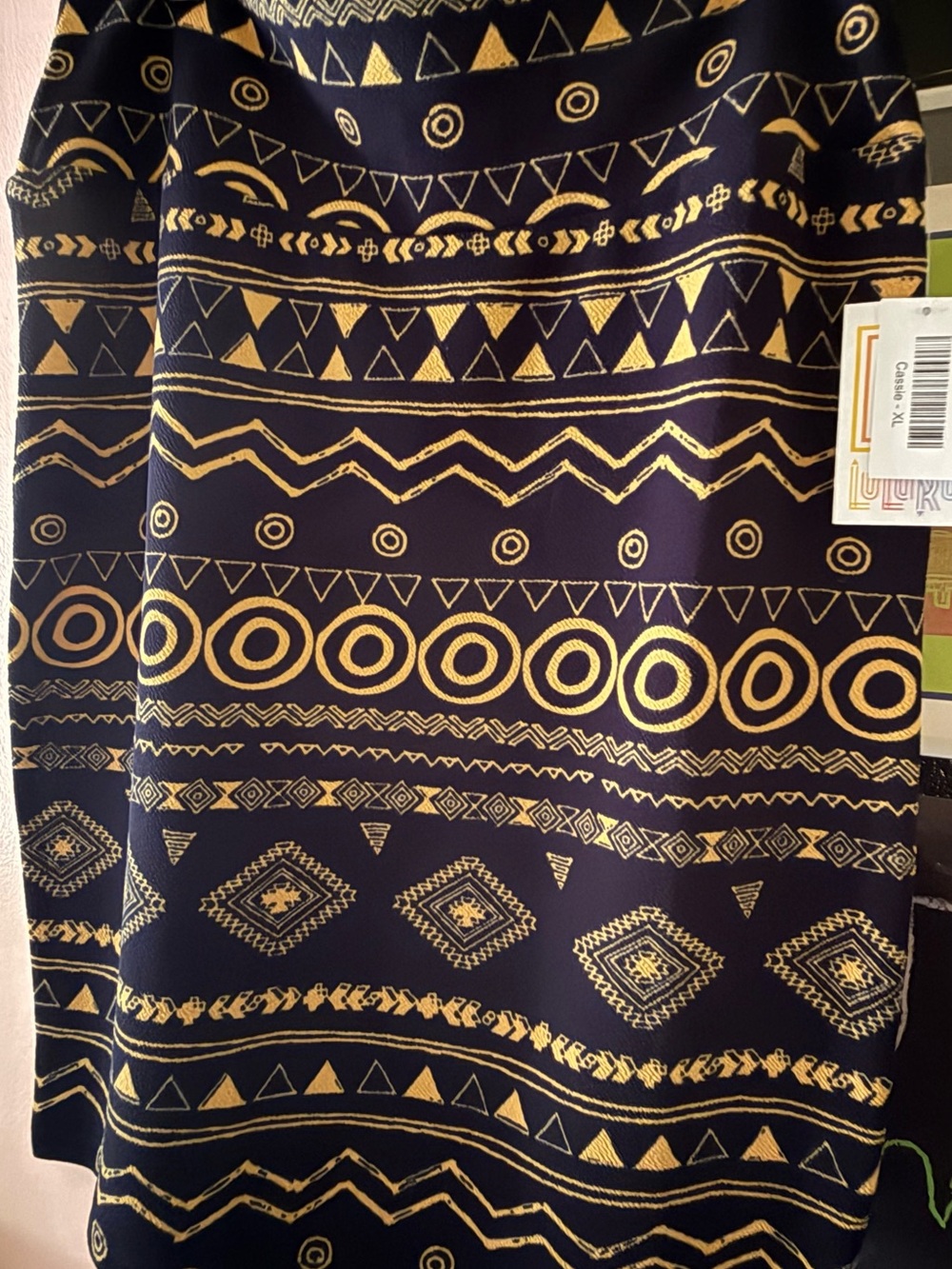 LuLaRoe Navy Pencil Skirt with Gold Geometric Print